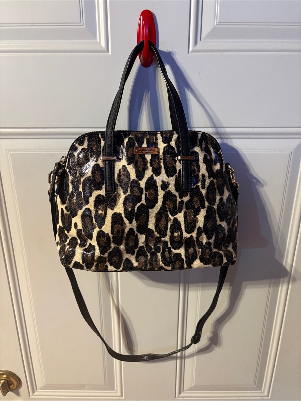 Kate Spade New York Leopard Print Satchel Crossbody Purse Black Leather Trim